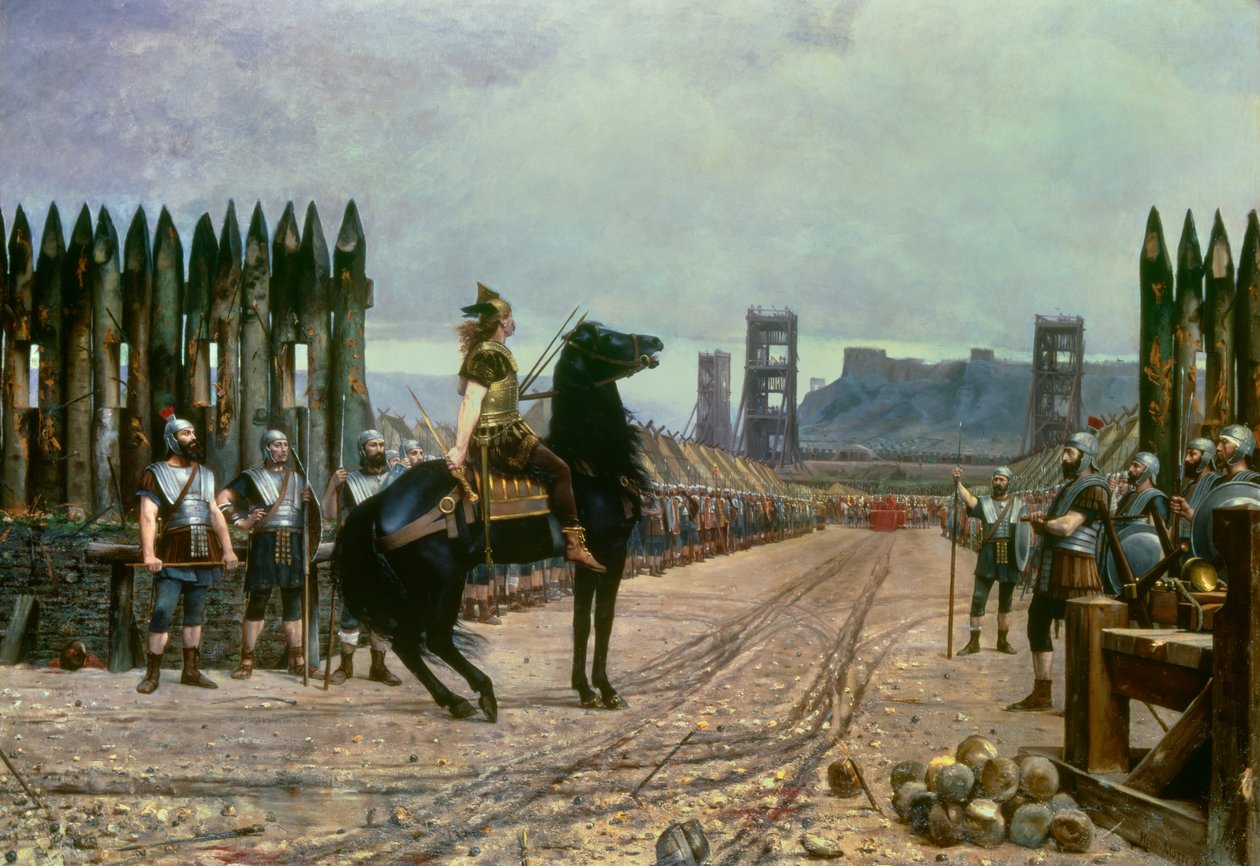 Den galliske ledaren Vercingetorix (72-46 f.Kr.) kapitulerar till den romerske hövdingen Jules Cesar (100-44 f.Kr.) efter slaget vid Alesia 52 f.Kr. Målning av Henri Motte (1846-1922) 1886 - Le Puy en Velay, musee Crozatier - The Gallic hövding Vercingetor av Henri Paul Motte