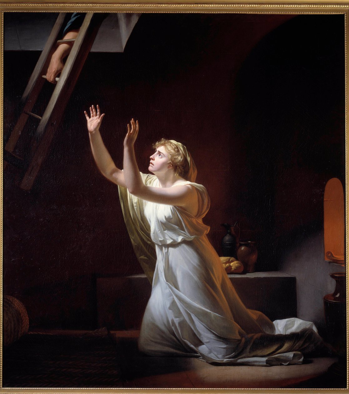 Tortyren av en vestal. En vestal, en romersk pretress som hölls till den kyska, flyttade levande i en källare för sitt brott. Målning av Henri Pierre Danloux (1753-1809) 1790 sön. 1,6x1,45 m - Tortyr av en vestaljungfru. En vestal, romersk prästinna, vävde av Henri Pierre Danloux
