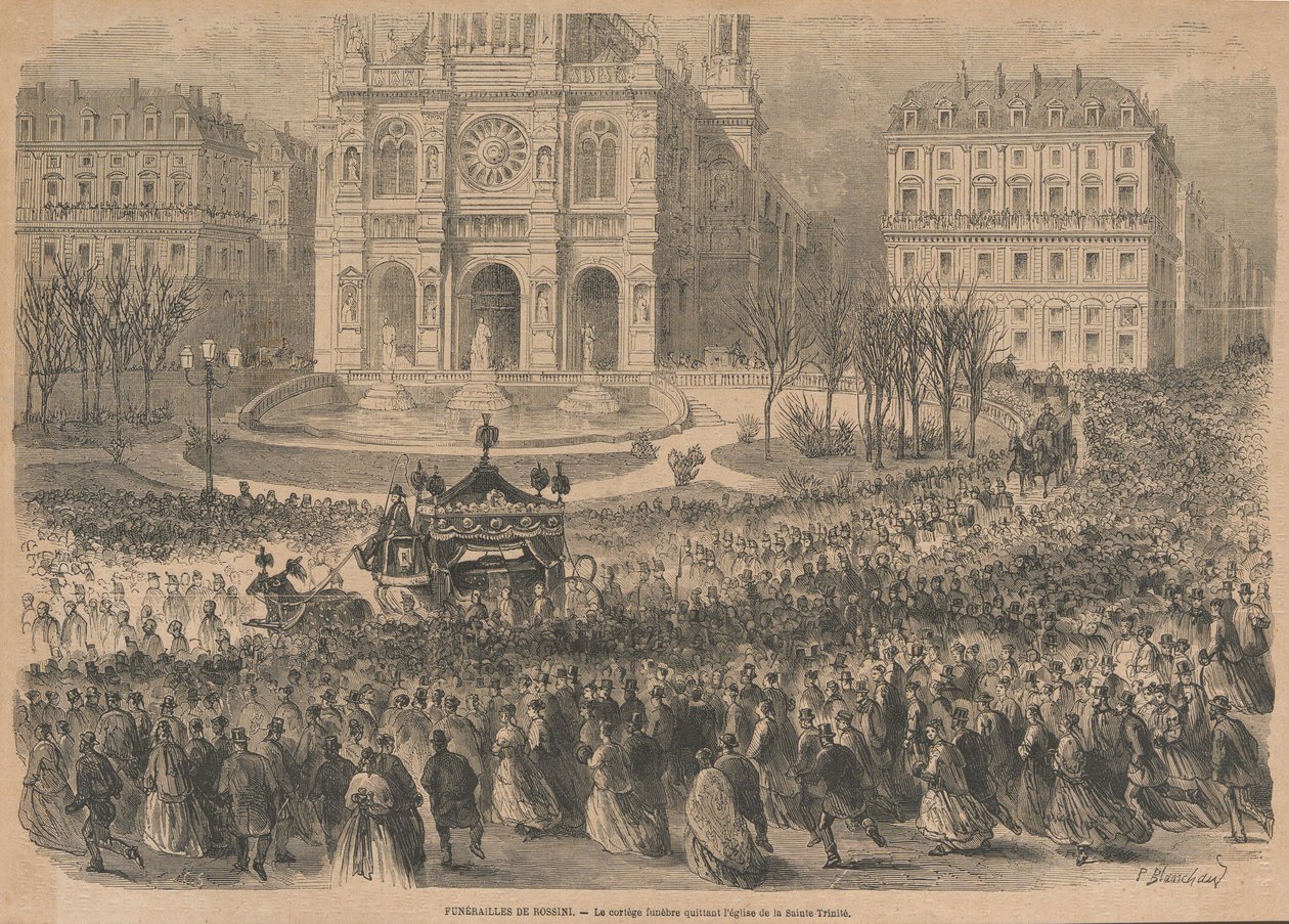 Gioacchino Rossinis begravning. Begravningsprocessionen lämnar kyrkan, 1868. av Henri Pierre Léon Pharamond Blanchard