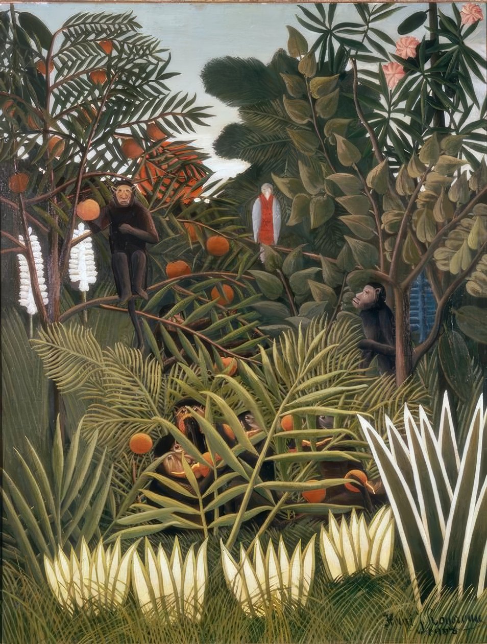 Exotiskt landskap med apor och en papegoja av Henri Rousseau