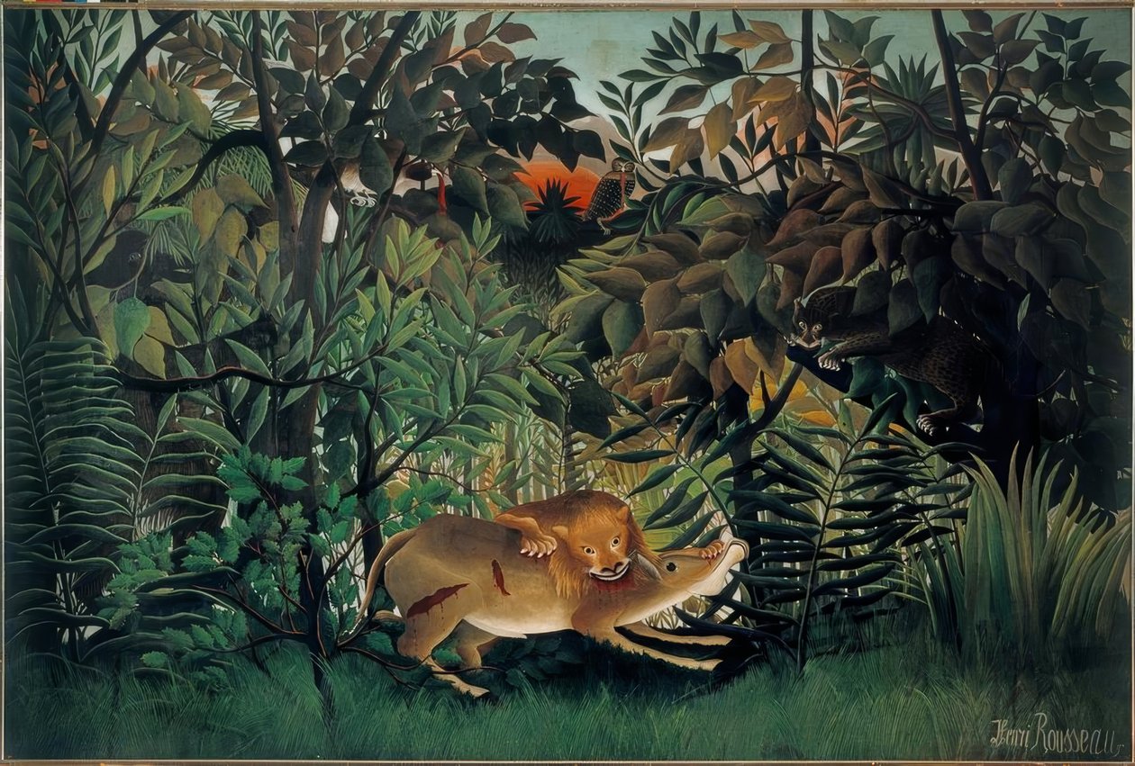 Lejonet, hungrigt, kastar sig över antilopen av Henri Rousseau
