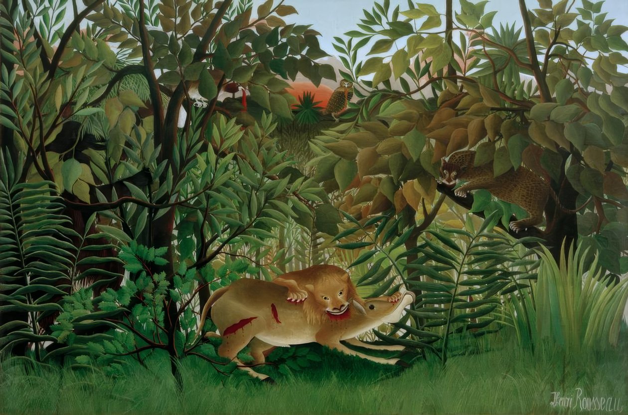 Lejonet, hungrigt, kastar sig över antilopen av Henri Rousseau