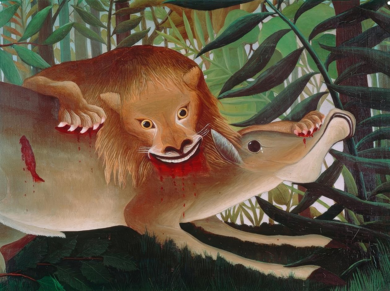 Lejonet, hungrigt, kastar sig över antilopen av Henri Rousseau