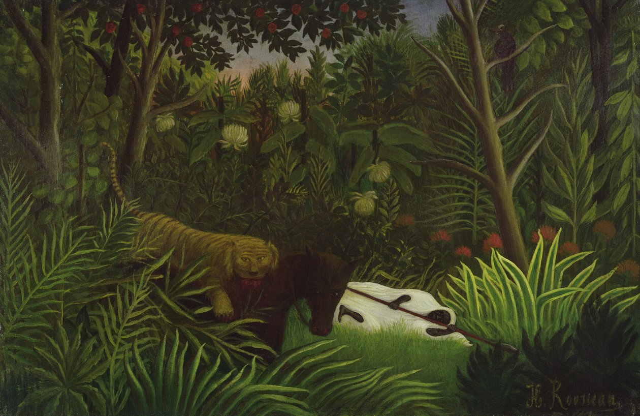 Tiger attackerar en häst och en sovande svart man av Henri Rousseau