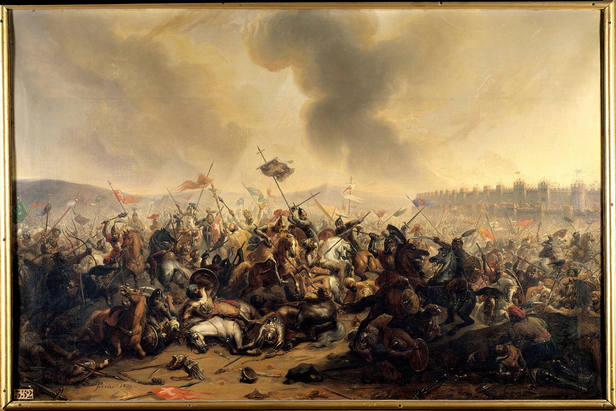 Slaget begicks av sultan Kilij-Arslan mot korsfararna som belägrade staden Nicaea 1097. Målning av Henri Serrur