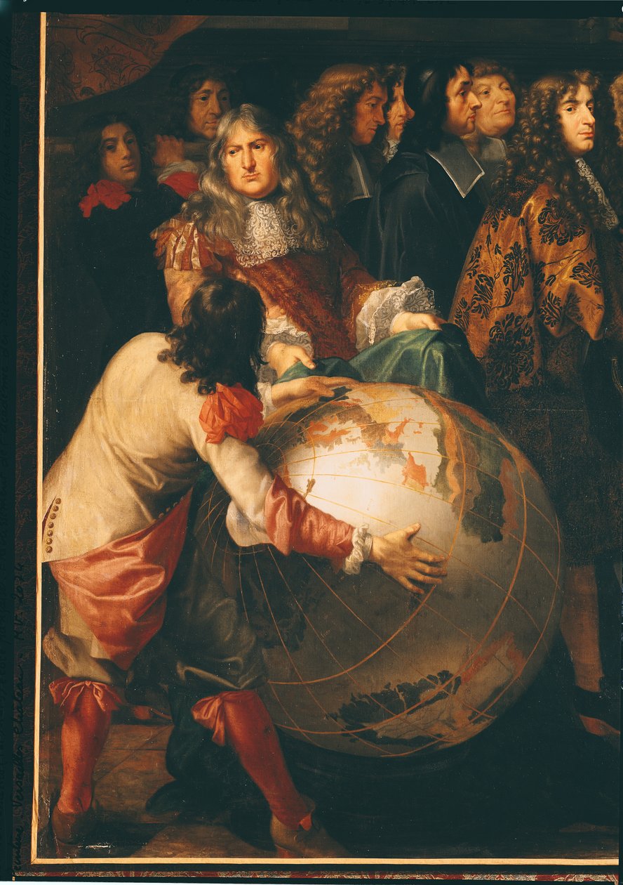 Jean-Baptiste Colbert (1619-83) Presenterar medlemmarna av Royal Academy of Science för Ludvig XIV (1638-1715) detalj på vänster sida, ca 1667 (detalj av 104626) av Henri Testelin