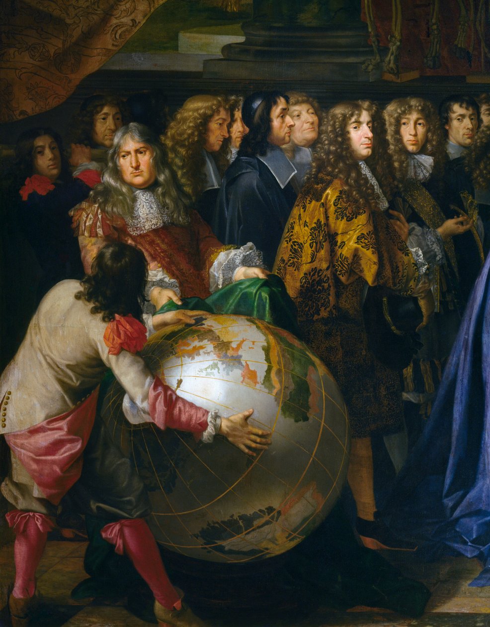 Jordglob, detalj av Jean-Baptiste Colbert som presenterar medlemmar av Royal Academy of Sciences för Ludvig XIV 1667, olja på duk av Henri Testelin (1616-1695), cm 348x590, Frankrike av Henri Testelin