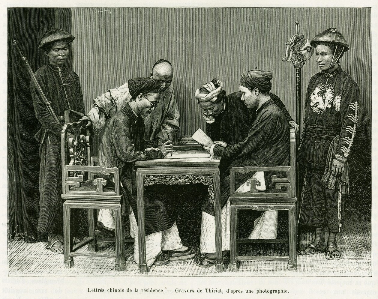 Kinesiska brev från det franska residenset i Hanoi. Gravyr av Thiriat, efter ett fotografi, för att illustrera historien Trente mois au Tonkin 1884, av Doctor Hocquard, i le tour du monde 1889, regisserad av Edouard Charton (1807-1890), Hachette, Paris. av Henri Thiriat
