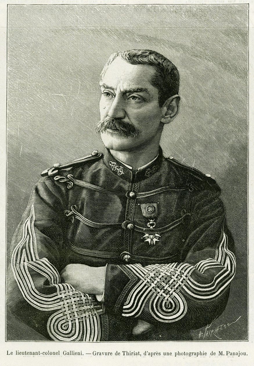 Överstelöjtnant Joseph Gallieni (1849-1916). Gravyr av Thiriat, för att illustrera berättelsen Två kampanjer i franska Sudan av Henri Thiriat