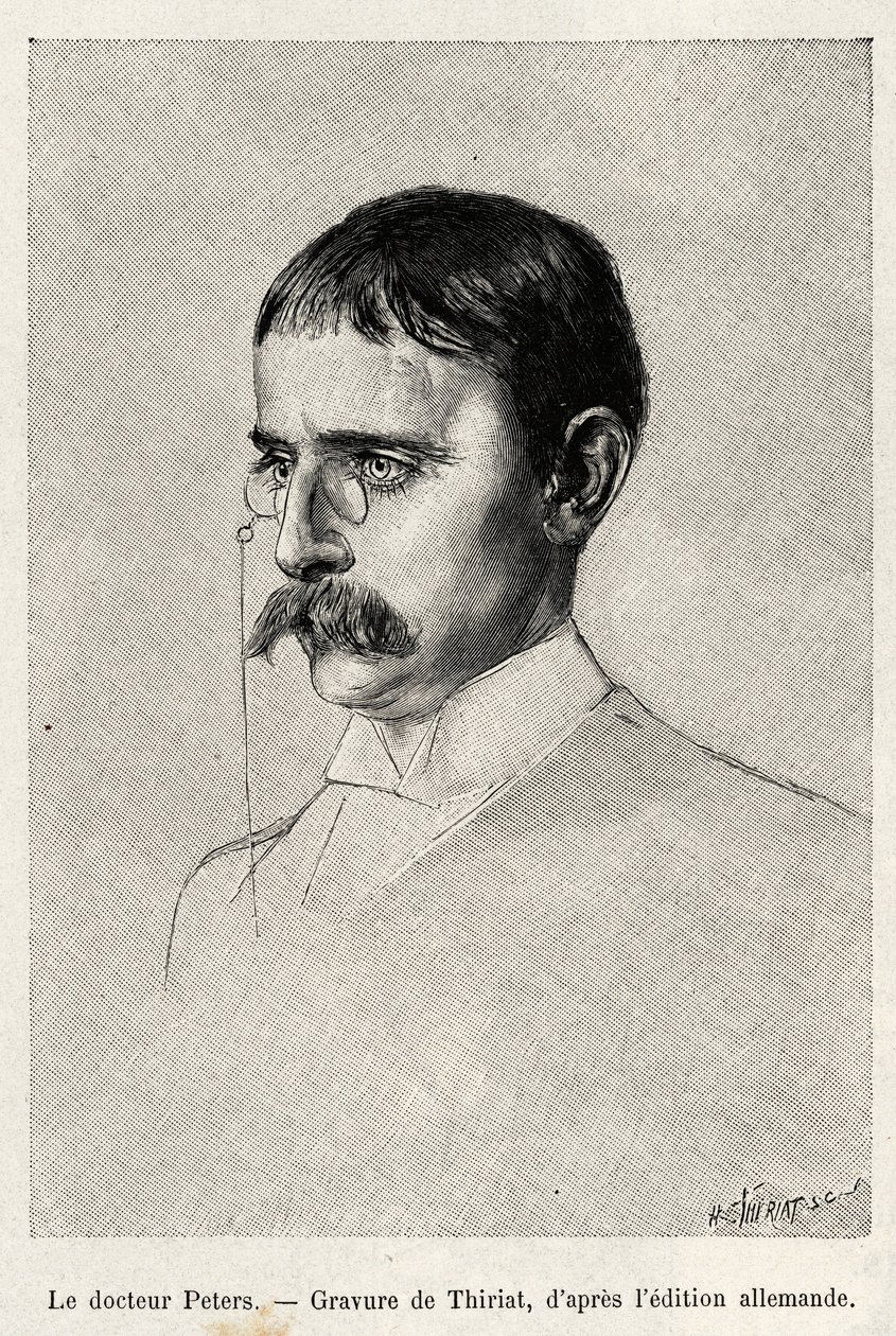 Porträtt av Dr Carl Peters (1856-1918) tysk upptäcktsresande. Gravyr av Thiriat för att illustrera berättelsen "" Au secours d