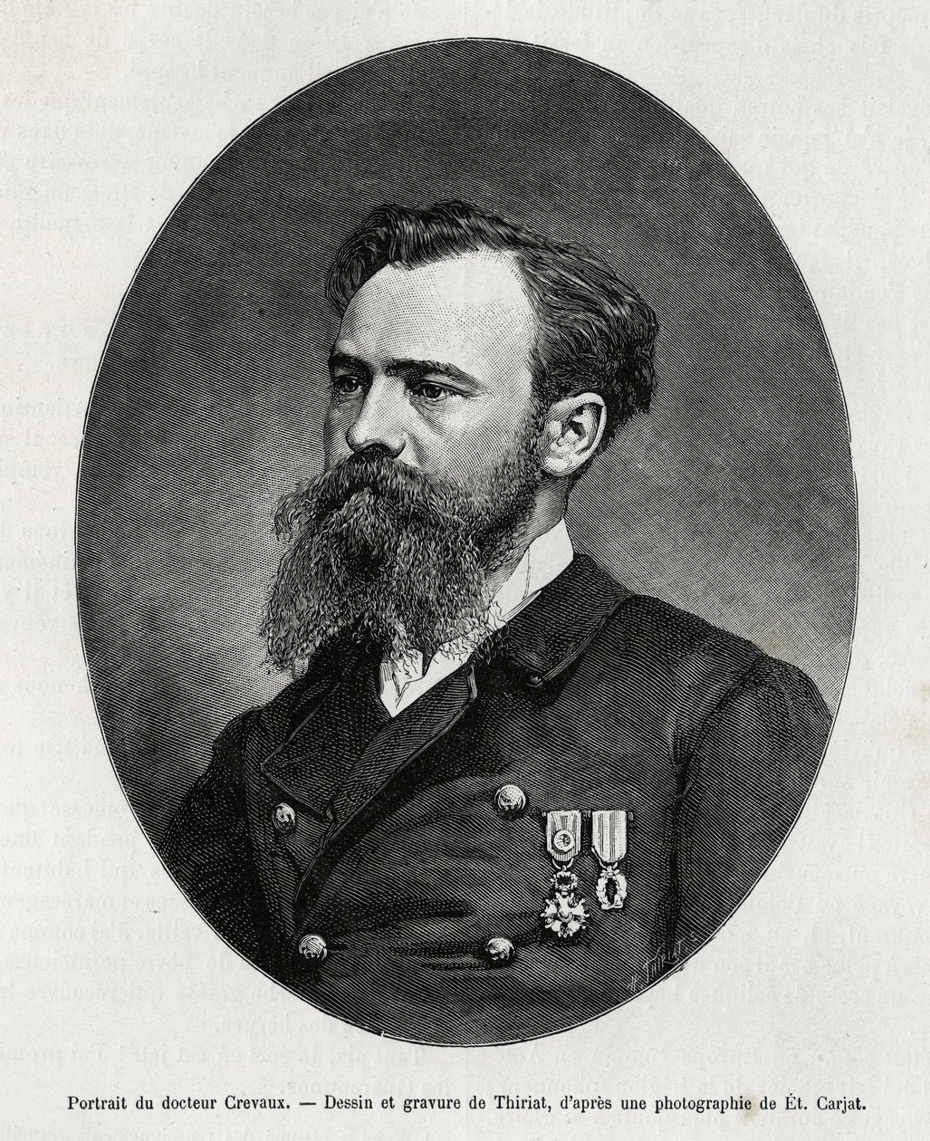 Porträtt av Dr Jules Nicolas Crevaux (1847-1882), läkare och upptäcktsresande i Sydamerika (från Franska Guyana till Argentina), han var mycket intresserad av studiet av moral och historien om de befolkningar han mötte under sina resor, han redierade många av Henri Thiriat