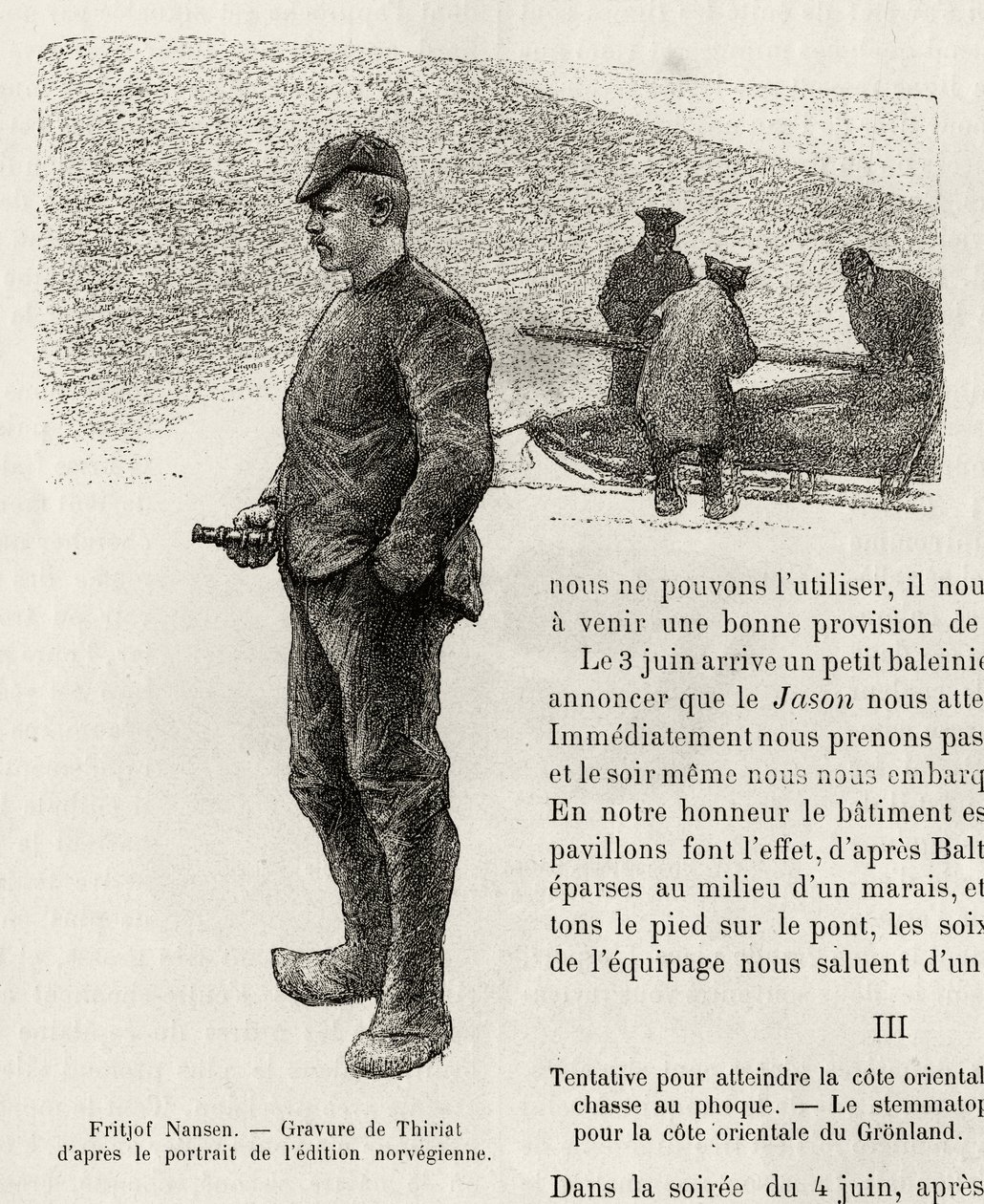 Porträtt av Fridtjof Nansen (1861-1930) norsk polarforskare. Gravyr av Thiriat, för att illustrera berättelsen "" La premiere travversee du Greenland"" av Fridtjof Nansen (1861-1930), 1888, i Le tour du monde, nouveau journal des voyages, redigerad av Edo av Henri Thiriat
