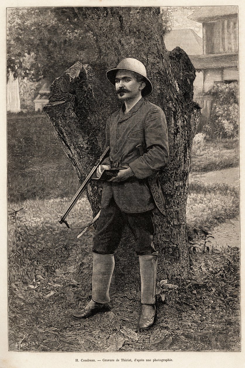 Porträtt av Henri Coudreau (1859-1899), professor i geografi och utforskare av Amazonas (Brasilien). Gravyr av Thiriat för att illustrera historien "" bland våra indianer, fyra års resa i Franska Guyana "" av Henri Thiriat
