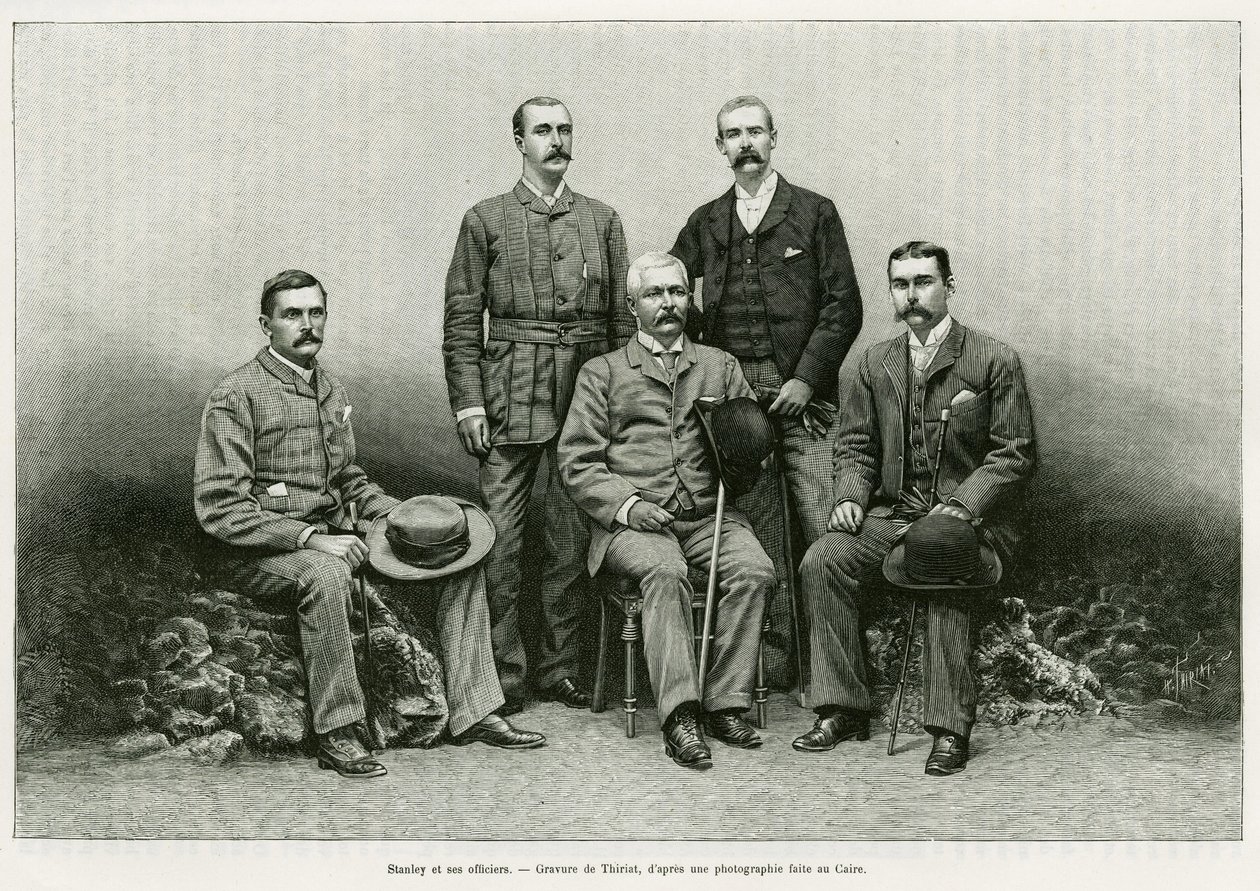 Porträtt av Henry Morton Stanley (John Rowlands 1841-1904) omger hans officerare från vänster: Dr. Thomas Heazle Parke (1857-93), Robert H. Nelson, William G. Stairs och Arthur J. M. Jephson. Gravyr av Thiriat, för att illustrera berättelsen Dans les teneb av Henri Thiriat