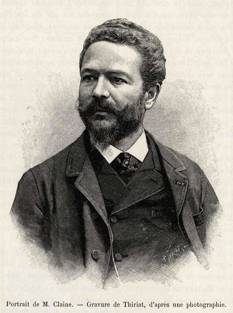 Porträtt av Jules Claine (1856-1939), upptäcktsresande och diplomat, författare till berättelsen. Gravyr av Thiriat för att illustrera historien "" ett år i Malaysia", av Jules Claine (1856-1939) av Henri Thiriat
