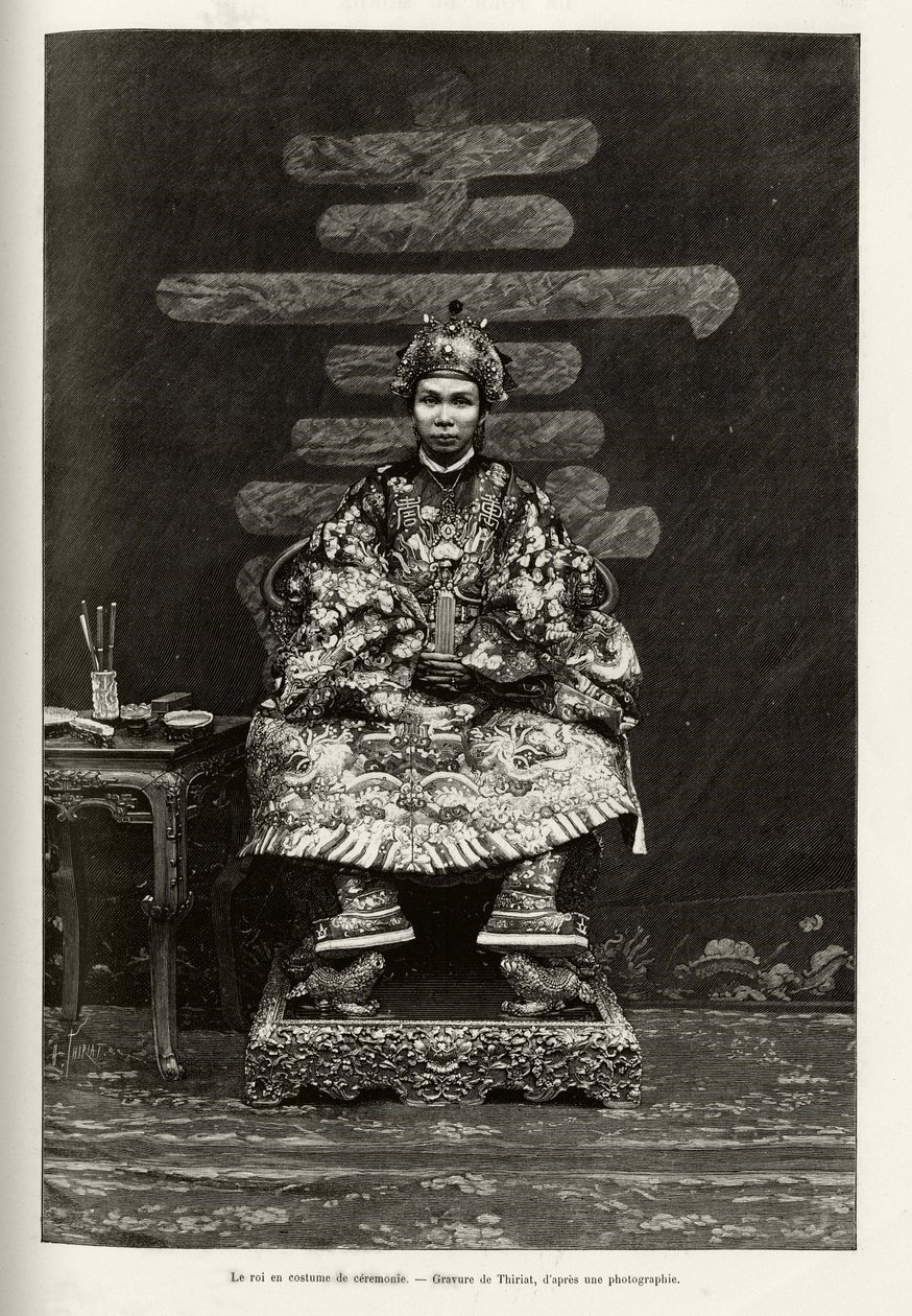 Porträtt av kung Dong Khanh (1864-1889) kejsare av Annam, i ceremoniell kostym. Gravyr av Thiriat, för att illustrera berättelsen "" Trente mois au Tonkin"" av Dr Charles Edouard Hocquard (1853-1911), 1885, i Le tour du monde, nouveau journal des voyages av Henri Thiriat