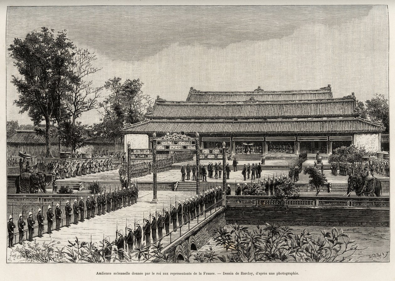 Högtidlig audiens gavs av kung Dong Khanh (1864-1889) kejsaren av Annam till representanter för Frankrike i den kejserliga staden Hue (Vietnam). Gravyr av Thiriat, för att illustrera berättelsen "" Trente mois au Tonkin"" av Dr Charles Edouard Hocquard (18 av Henri Thiriat