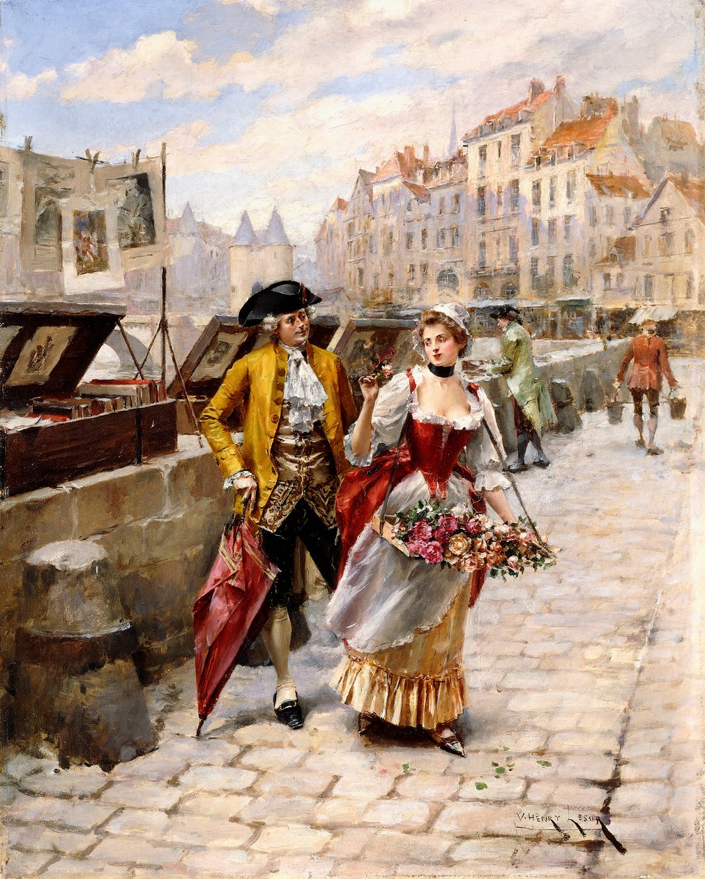 Gentleman och Flower Girl nära bokstånd vid Seine, av Henri Victor Lesur