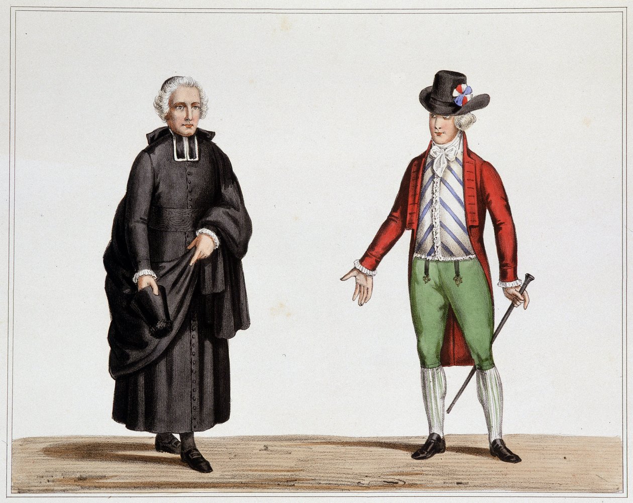 En deputerad av prästen och en man i mode från september 1789 - Litografi av skurken, från samlingen av kostymer, vapen och möbler för att tjäna i historien om den franska revolutionen och imperiet, av greve Horace de Viel Castel, upplaga Canson av Henri Villain