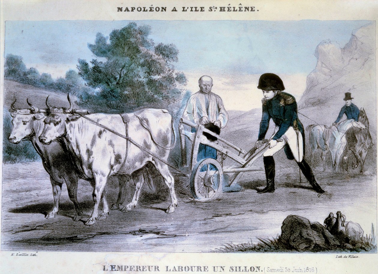 Napoleon I (1769-1821) a Saint Helene: kejsaren plöjer en fåra (1816-06-30) Skurkens litografi. 1816 Ile d