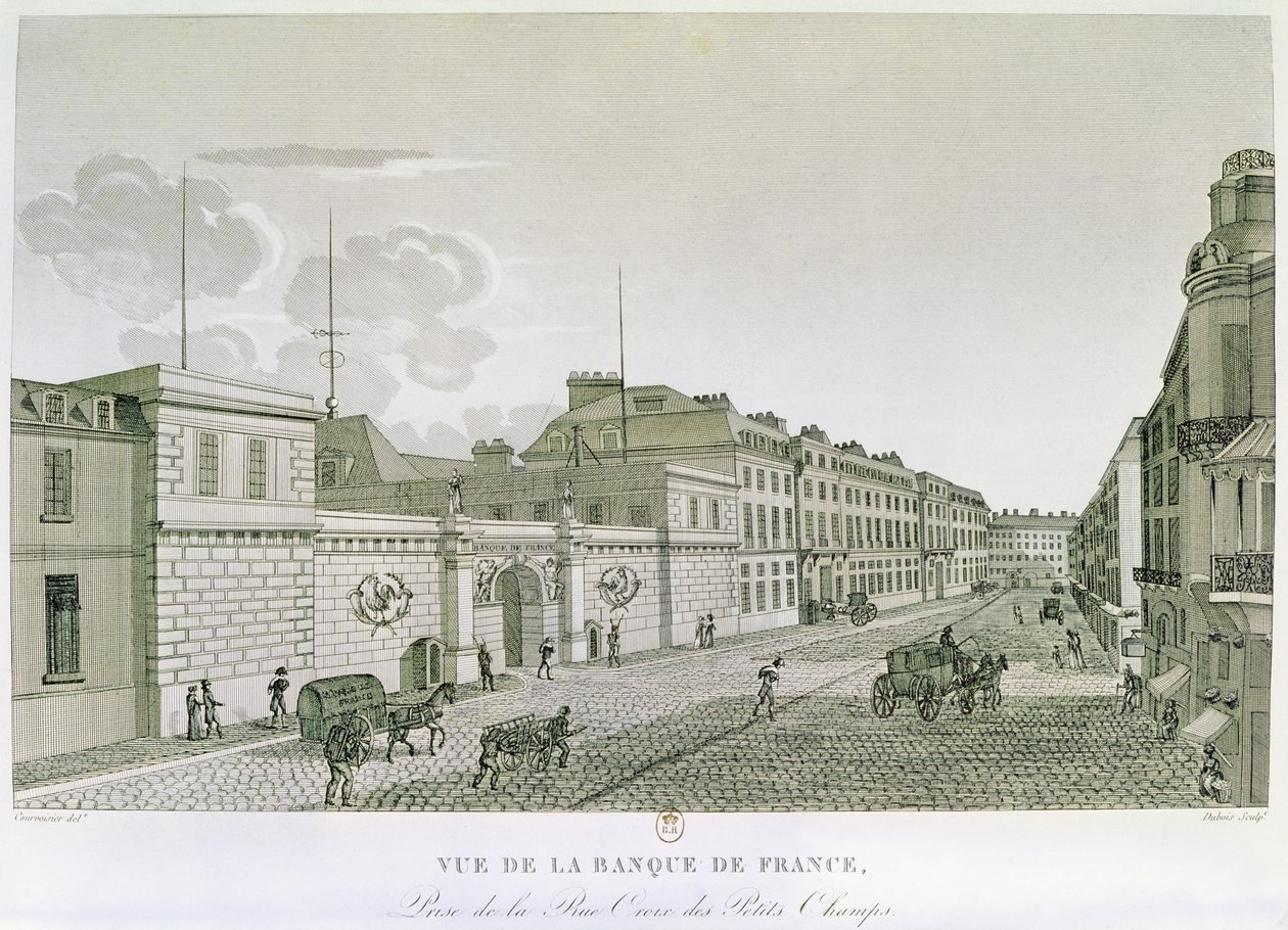 Bank of France från Rue Croix-Petits-Champs, graverad av Eugene Dubois, 1800 av Henri after Courvoisier Voisin