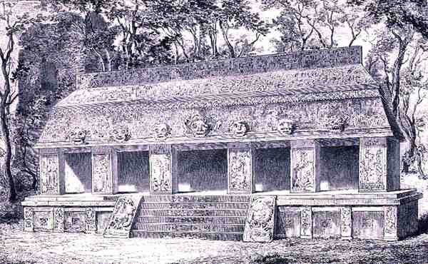 Restaurering av den inre flygeln av palatset i Palenque, från The Ancient Cities of the New World, av Claude-Joseph-Desire Charnay, pub. 1887 av Henri after Toussaint