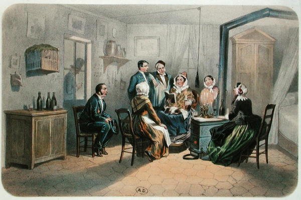 Läsning med conciergen, andra hälften av 1800-talet (färglitografi) av Henri de (after) Montaut