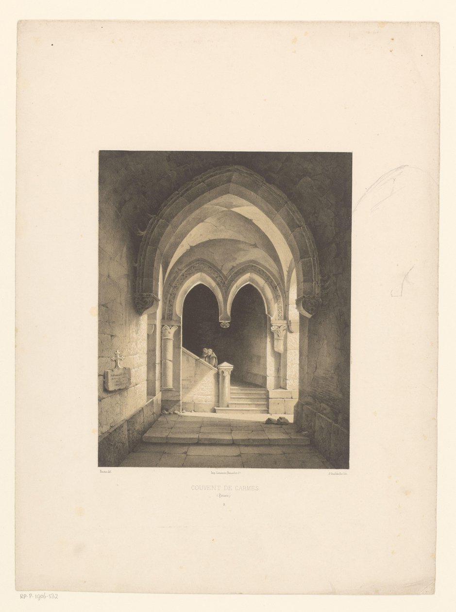 Interiör av ett kloster med två munkar i bakgrunden Couvent de Carmes, Rouen (titel på objekt) av Henri de Boug d