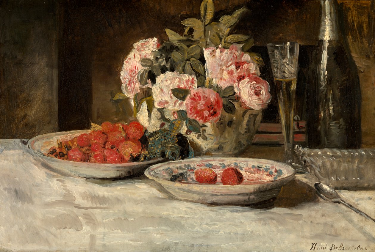 Jordgubbar med Champagne (olja på duk) av Henri de Braekeleer