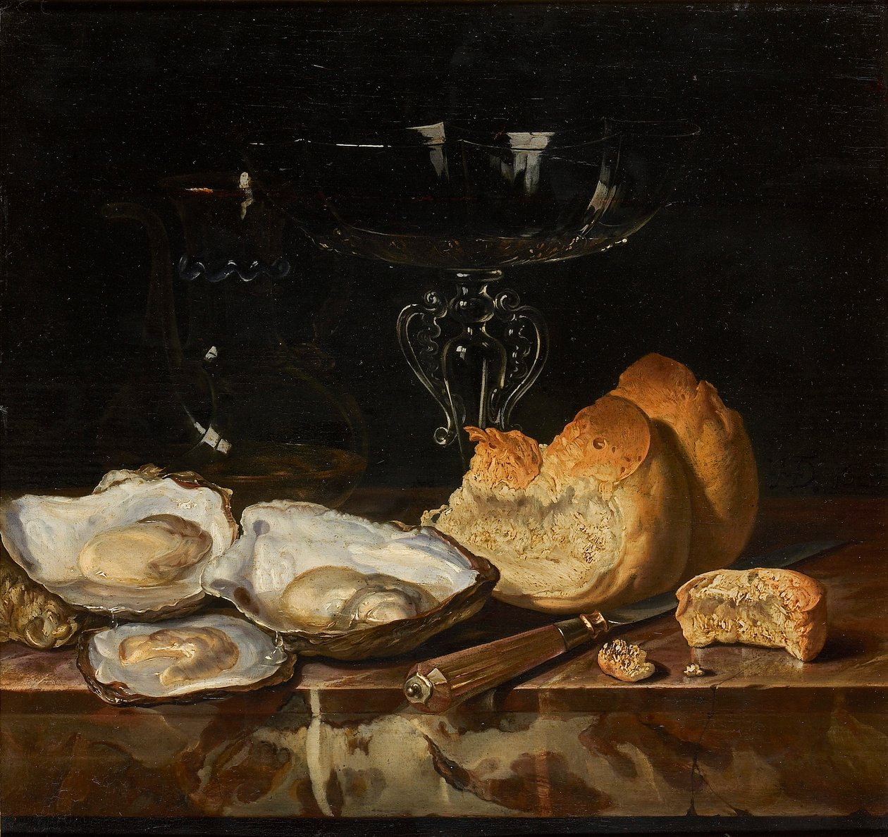 Stilleben med ostron, bröd och venetianskt vinglas, 1661. av Henri de Fromantiou