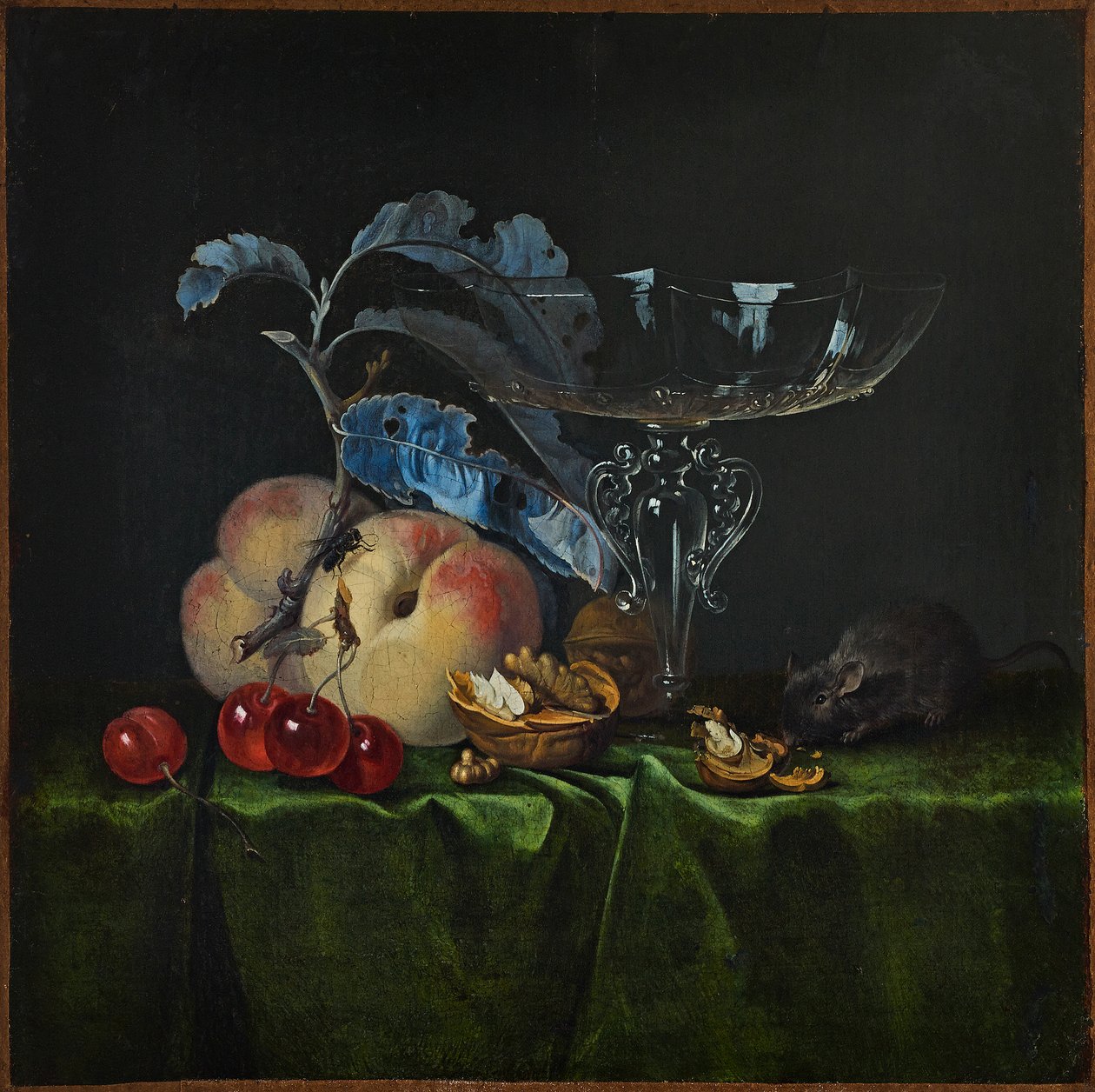 Stilleben med persikor, valnötter, mus och venetianskt vinglas, 1661. av Henri de Fromantiou