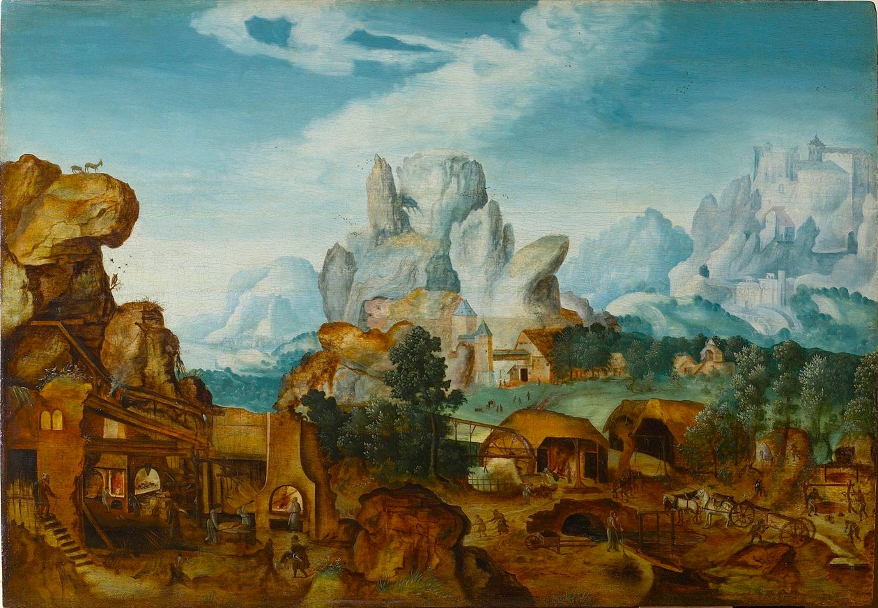 Stenigt landskap med en smedja Flygningen till Egypten, före 1550. av Henri de Herri met de Bles