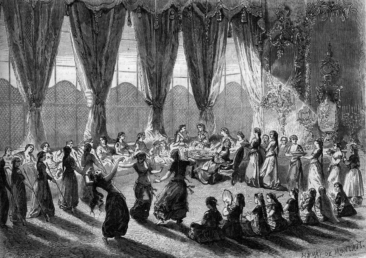 Mottagande av europeiska damer i Kairos serail av Egyptens vice drottning. Tjejerna tar med sig disken medan musiker och dansare framför showen. 1800-talet. Gravyr av Henri de Montaut i ""The Illustrous World"" nr 320 av 30 maj 1863. av Henri de Montaut