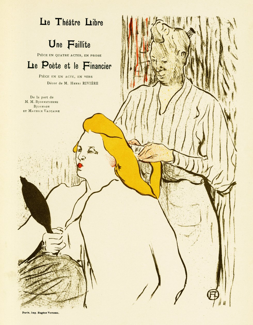 En blond kvinna tittar på sig själv i en spegel medan hon stylar håret. Affisch för Une faillite et Le Poete et le Financier, teaterstycken representerade 1893 på Free Theatre skapad 1887 av Andre Antoine (1858-1943), Illustration en lithogr av Henri de Toulouse Lautrec