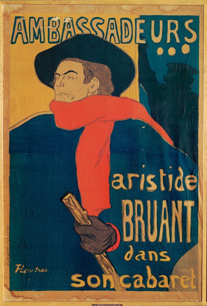 Aristide Bruant, sångare och kompositör, på en affisch som annonserar hans framträdande på den eleganta nattklubben "Les Ambassadeurs" på Champs Elysees (litografi) av Henri de Toulouse-Lautrec