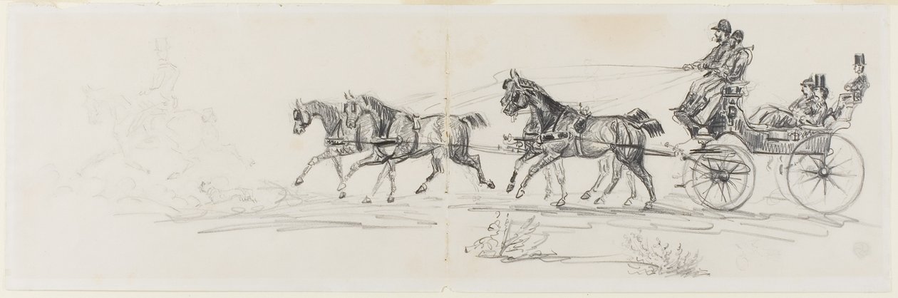 Hästdragen vagn föregås av ensam ryttare (recto); Man rider häst med ett täcke och skisser av huvuden, hästar och triumfbåge (verso) av Henri de Toulouse-Lautrec