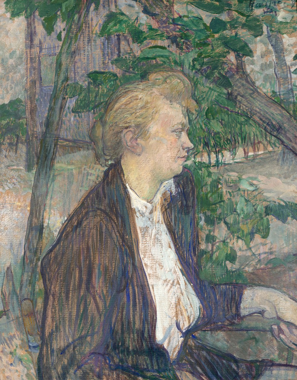 Kvinna som sitter i en trädgård av Henri de Toulouse Lautrec