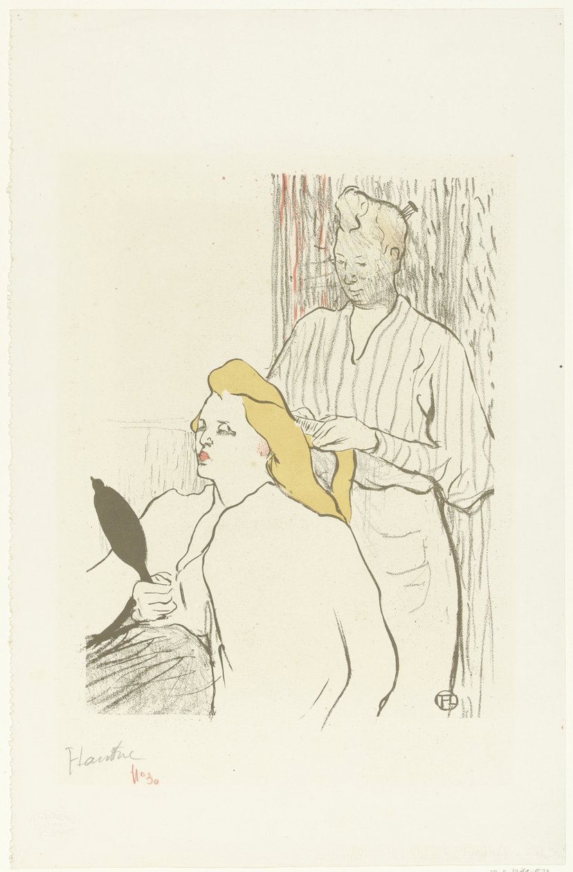 Frisören kammar håret av sittande kvinna med spegeln i handen Le frisörprogram du Théâtre Libre av Henri de Toulouse Lautrec (signed by artist)