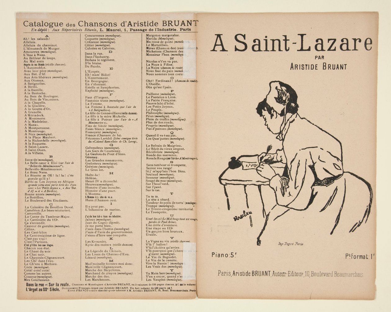 A Saint-Lazare, ord och musik av Aristide Bruant, omslag till notblad av Henri de Toulouse Lautrec
