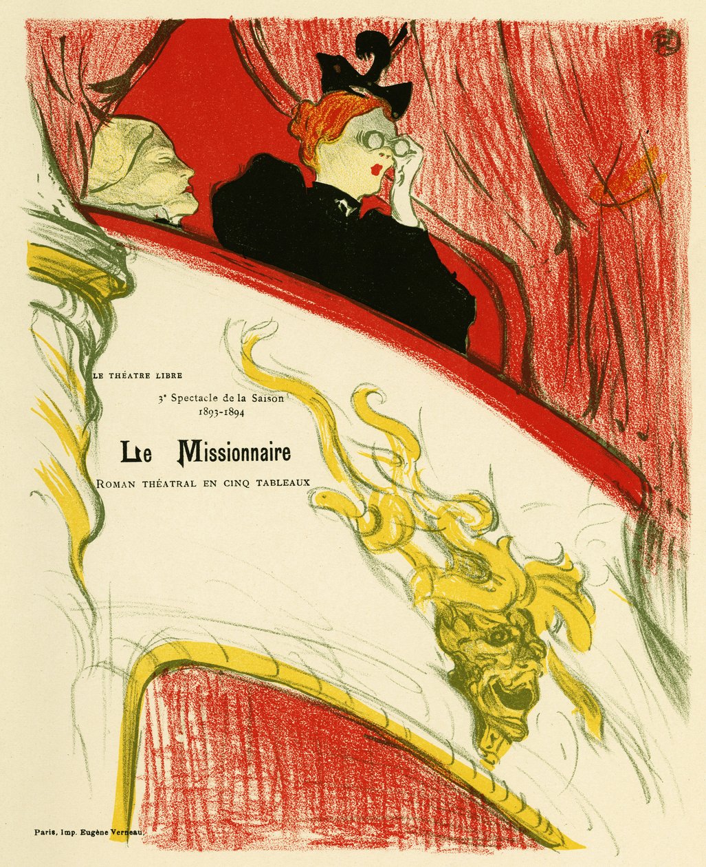 En kvinna i ett omklädningsrum för teater med hjälp av en kikare. Affisch för missionären, pjäs av Marcel Luguet, representerad 1893 på Free Theatre skapad 1887 av Andre Antoine (1858-1943), Illustration en lithographie av Henri de Toulouse Lautrec av Henri de Toulouse Lautrec