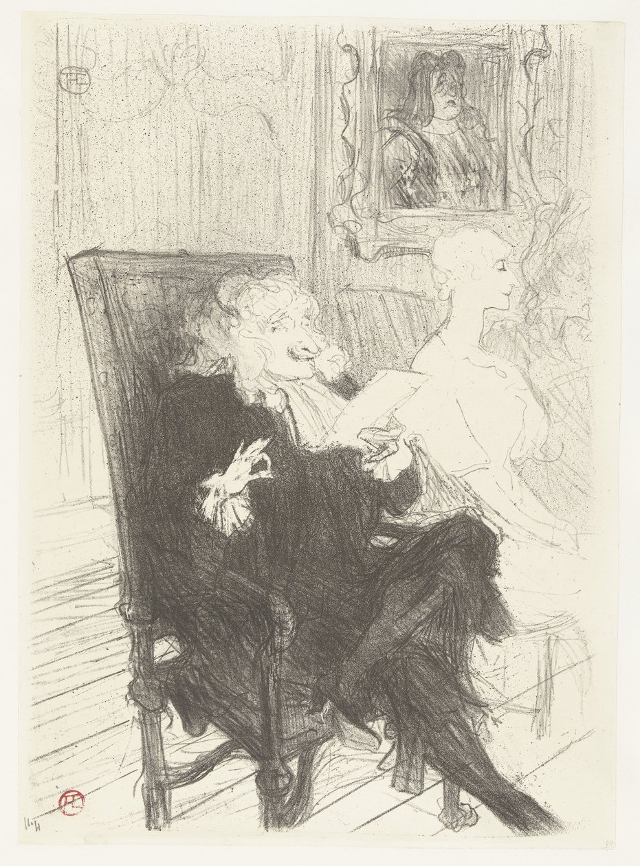 Skådespelare Jules Charles Truffier som Marguerite Moreno i toneelstuk Learned Women Truffier och Moreno i Learned Women av Henri de Toulouse Lautrec