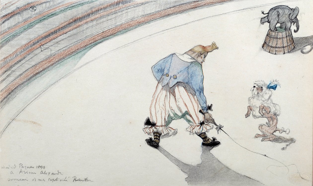 Cirkusscen: dressyr. En clown med en forskarhund och en akrobatisk elefant. Teckning av Henri de Toulouse Lautrec (1864-1901) Albi från 1800-talet, Musee de Toulouse Lautrec av Henri de Toulouse Lautrec