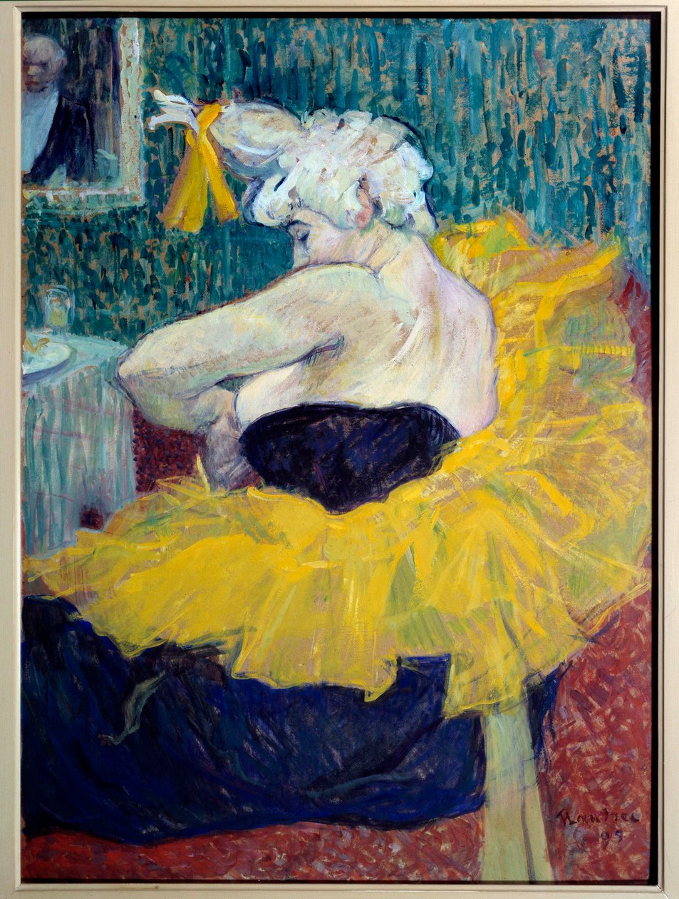 Clowness Cha-U-Kao, artist på Moulin Rouge Dancer och clownesse på Nouveau Cirque och Moulin Rouge, Cha U Kao fäster sin tutu i sitt omklädningsrum eller i en privat praktik. Målning av Henri de Toulouse-Lautrec (1864-1901). 1895. Sön. 0,58x0,43 m av Henri de Toulouse Lautrec