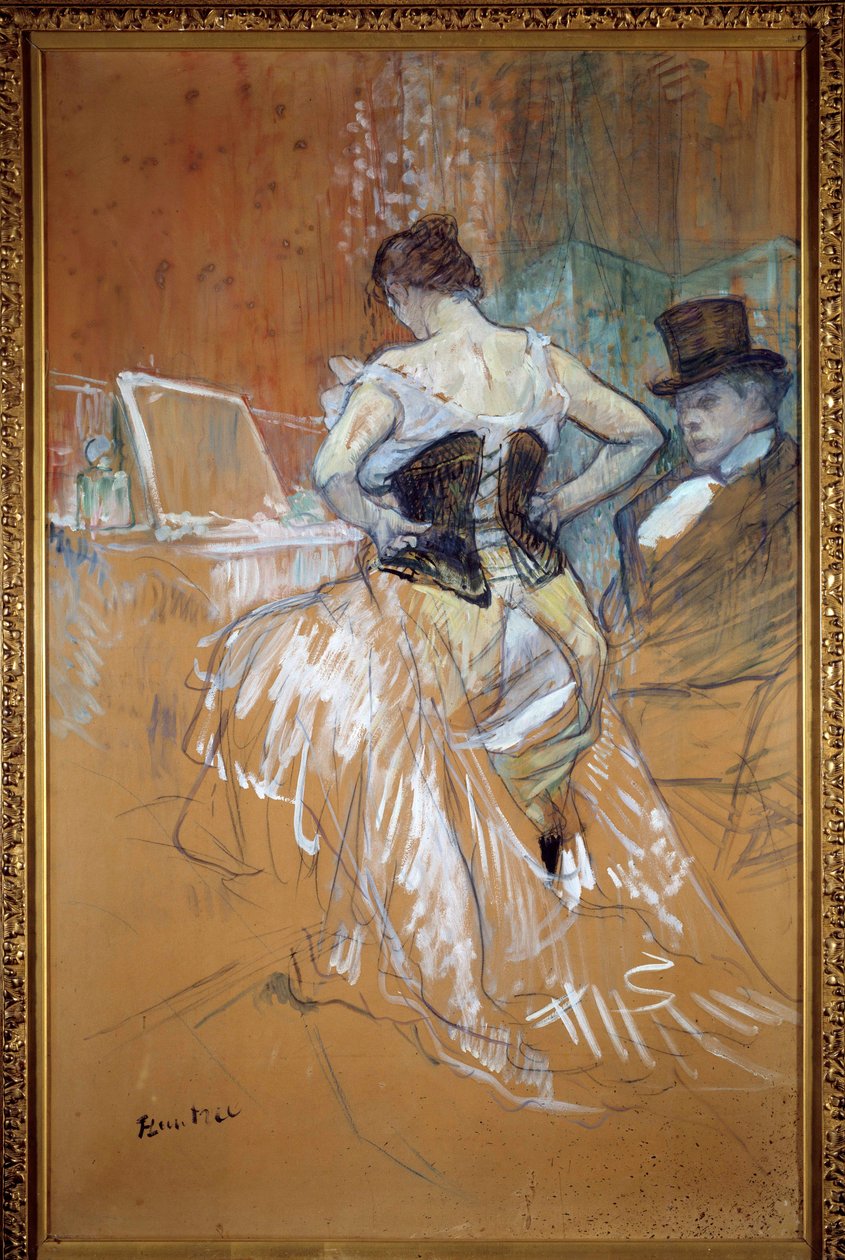 Conquete in transit, kvinnan i korsetten Prostituee klär sig framför sin klient på en bordell. Pastell och teckning av Henri de Toulouse Lautrec (Toulouse-Lautrec av Henri de Toulouse Lautrec