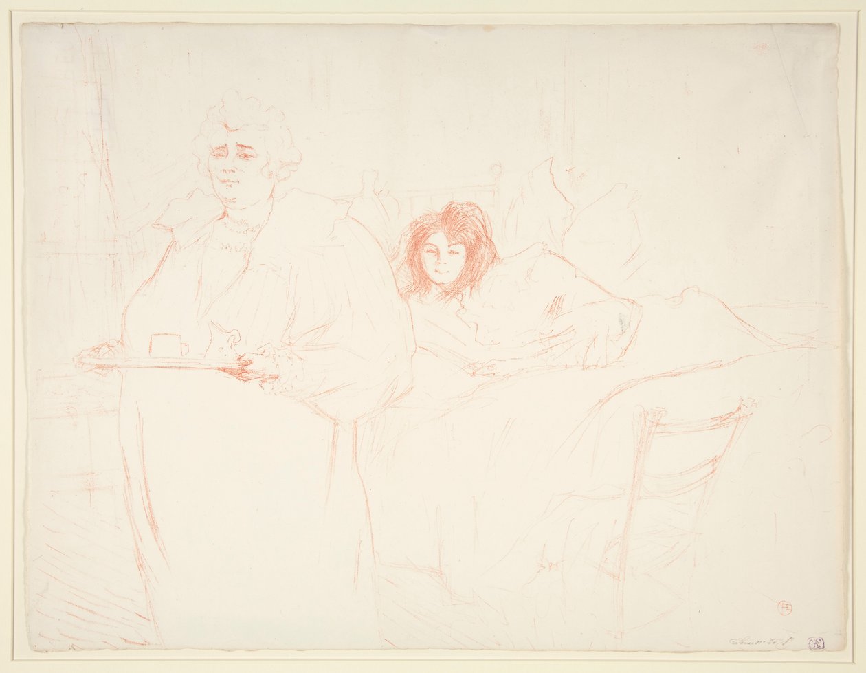 Kvinna med en bricka, frukost, Madame Baron och Mademoiselle Popo (Kvinna med en bricka, frukost, Madame Baron och Mademoiselle Popo), från serien Elles av Henri de Toulouse Lautrec