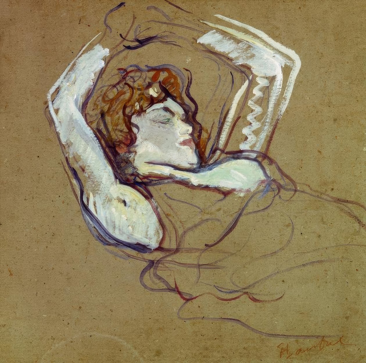 Kvinna liggande på rygg med armarna upp av Henri de Toulouse Lautrec