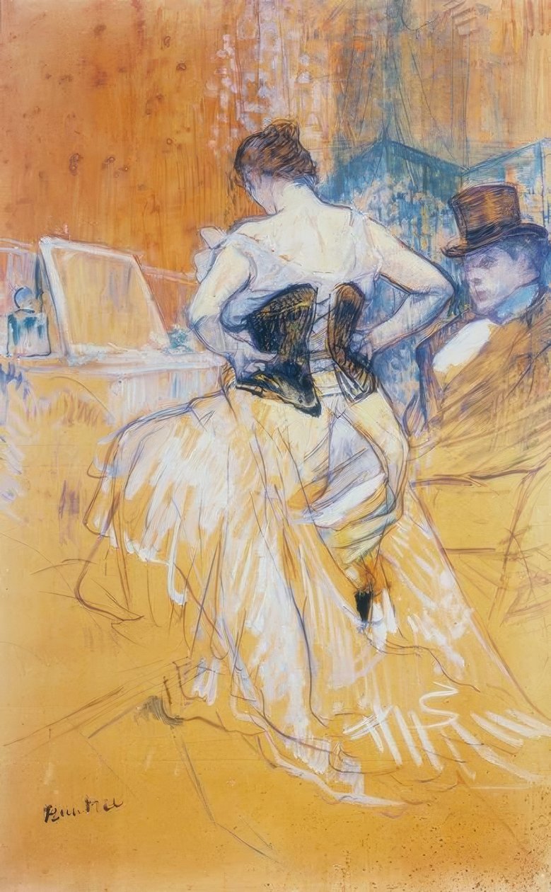 Kvinna som tar på sig sin korsett, passerar erövring av Henri de Toulouse Lautrec