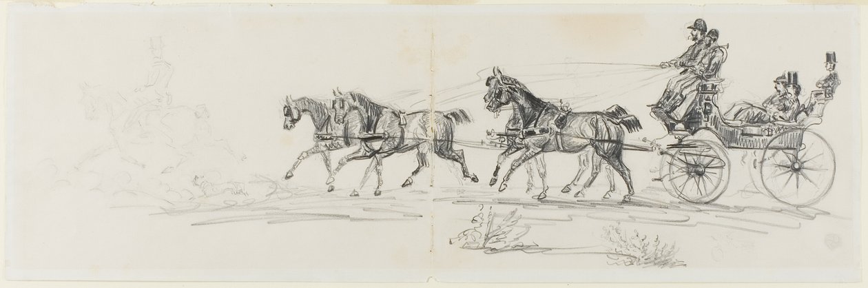 Hästdragen vagn föregås av ensam ryttare (recto); Man rider häst med ett täcke och skisser av huvuden, hästar och triumfbåge (verso) av Henri de Toulouse Lautrec