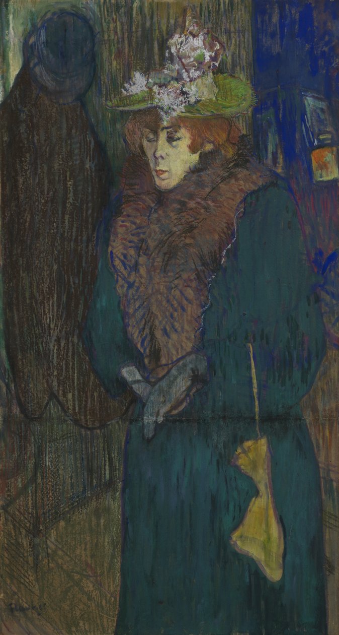 Jane Avril i entrén till Moulin Rouge, tar på sig sina handskar, ca 1892 av Henri de Toulouse Lautrec