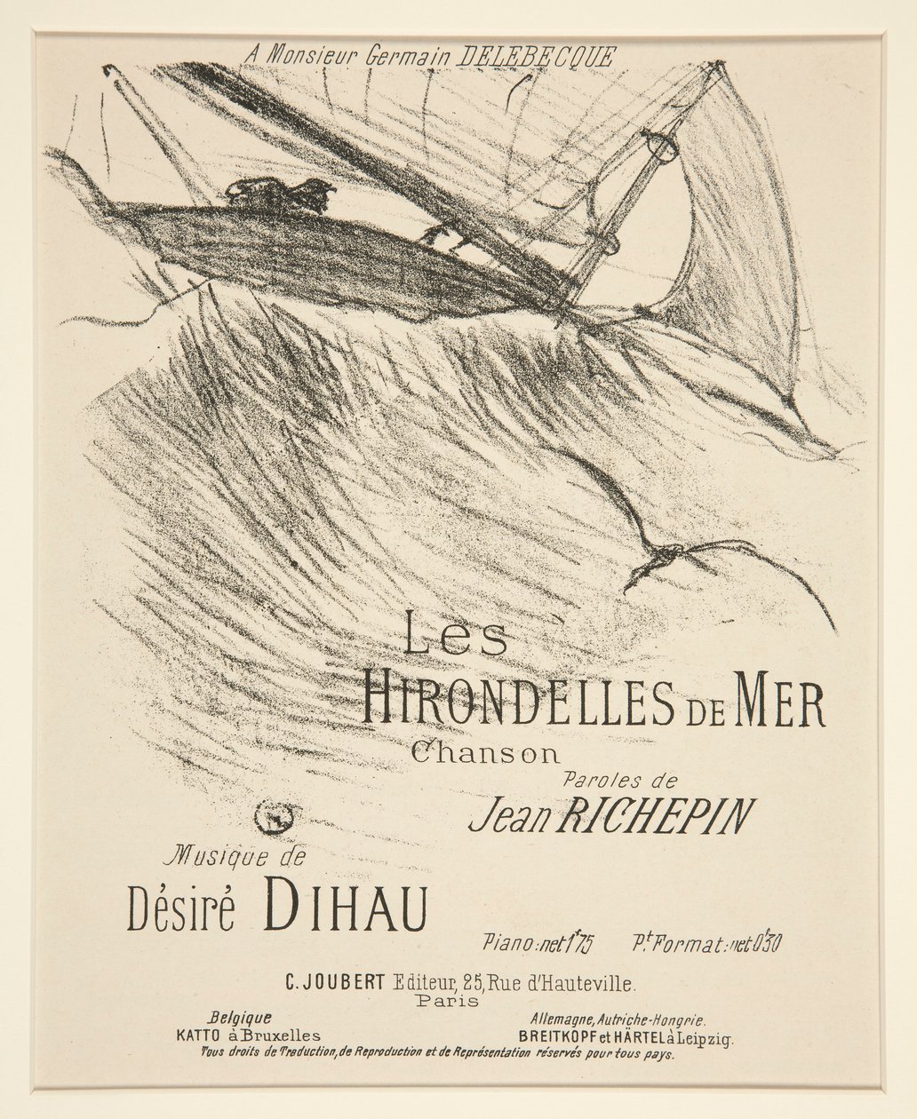 LES HIRONDELLES DE MER - Omslagsblad för tryckt musikkomposition (dikt av Richepin tonsatt av Dihau) av Henri de Toulouse Lautrec